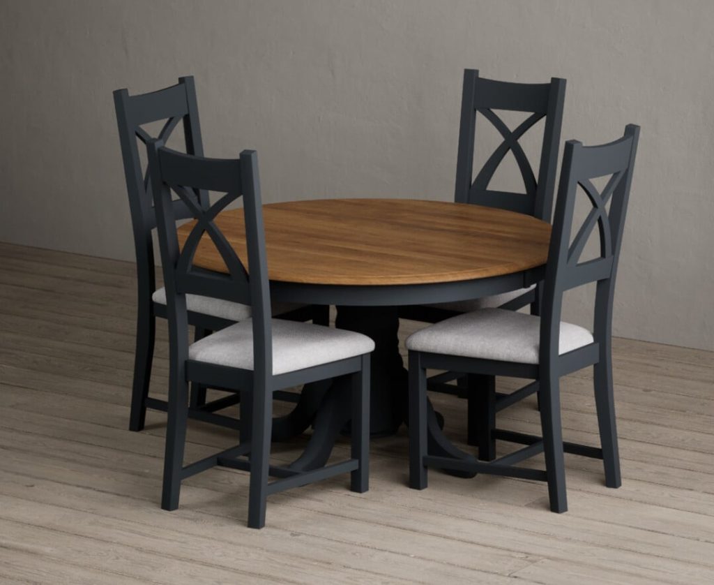 Hertford 120cm Fixed Top Oak and Dark Blue Painted Dining Table with 4 Charcoal Grey Painted Chairs