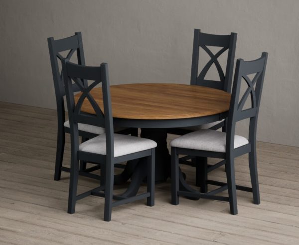 Hertford 120cm Fixed Top Oak and Dark Blue Painted Dining Table with 6 Charcoal Grey Painted Chairs | Bed Sava