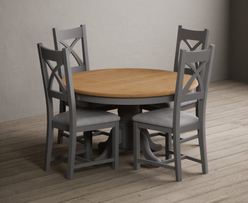 Hertford 120cm Fixed Top Oak and Light Grey Painted Dining Table with 6 Oak Painted Chairs