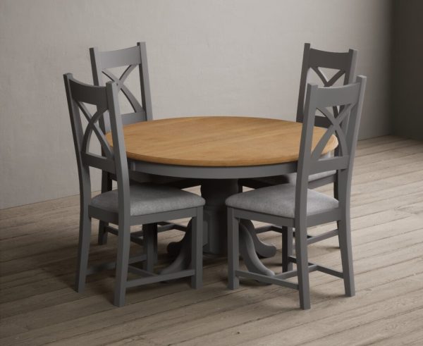 Hertford 120cm Fixed Top Oak and Light Grey Painted Dining Table with 4 Blue Painted Chairs | Bed Sava