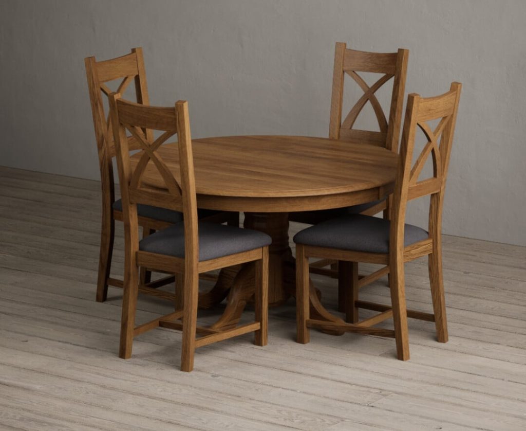 Hertford 120cm Fixed Top Rustic Oak Dining Table with 4 Blue Rustic Solid Oak Chairs