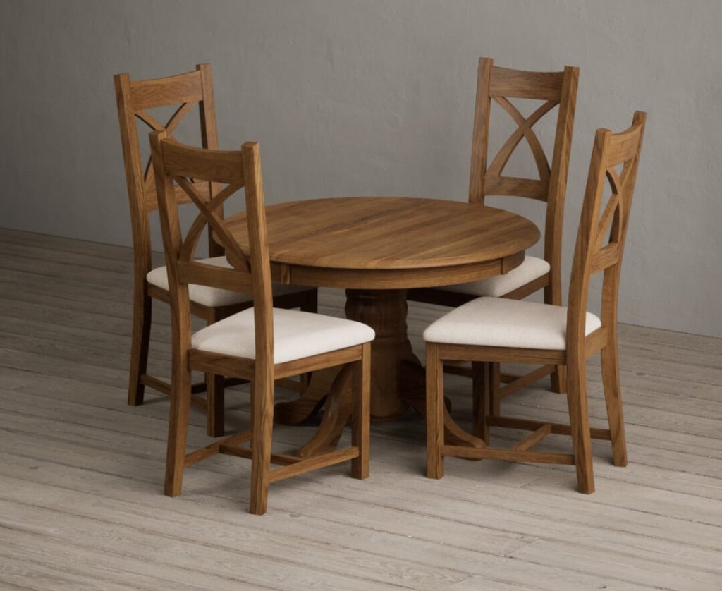 Extending Hertford 100cm - 130cm Rustic Oak Pedestal Dining Table with 4 Blue Rustic Solid Oak Chairs