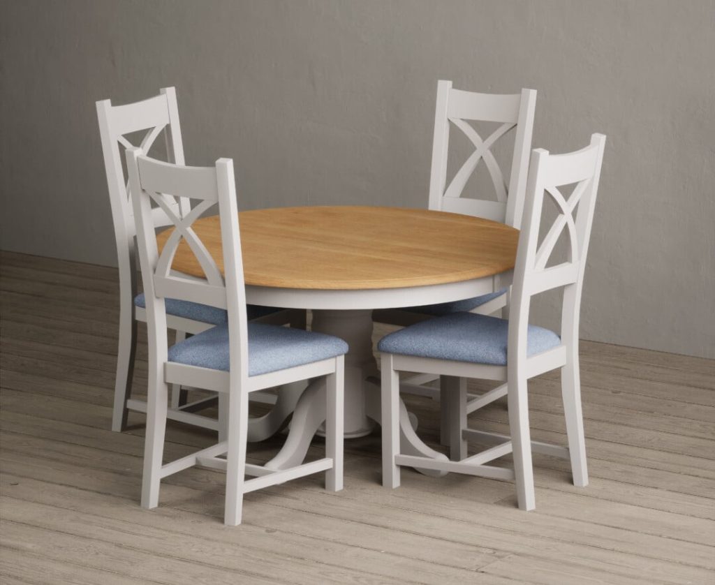 Hertford 120cm Fixed Top Oak and Soft White Painted Dining Table with 6 Linen Painted Chairs