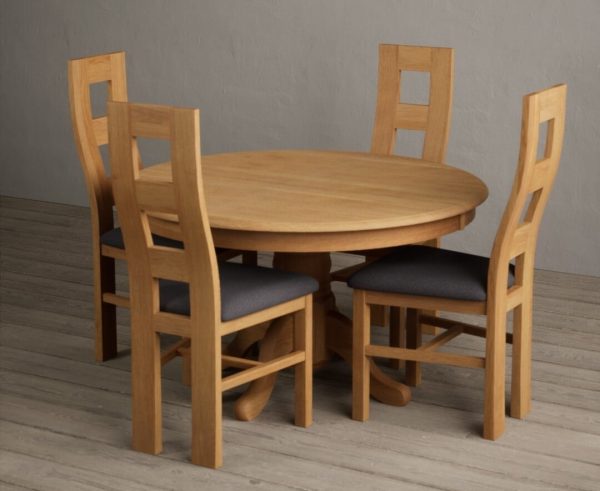 Hertford 120cm Fixed Top Solid Oak Dining Table with 4 Charcoal Grey Natural Chairs | Bed Sava