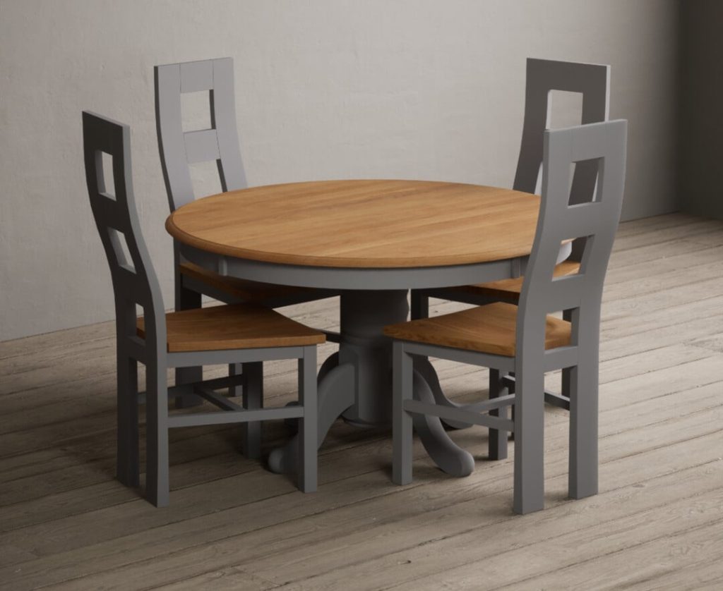 Hertford 120cm Fixed Top Oak and Light Grey Painted Dining Table with 4 Blue Natural Chairs