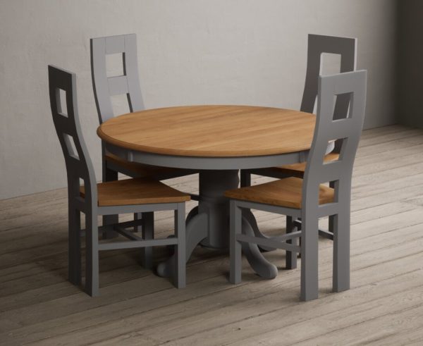 Hertford 120cm Fixed Top Oak and Light Grey Painted Dining Table with 4 Brown Natural Chairs | Bed Sava