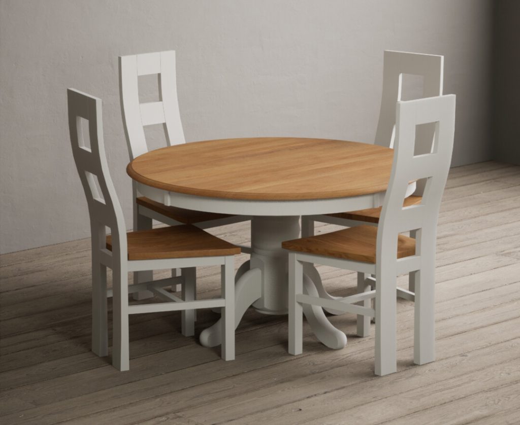 Hertford 120cm Fixed Top Oak and Signal White Painted Dining Table with 4 Charcoal Grey Natural Chairs