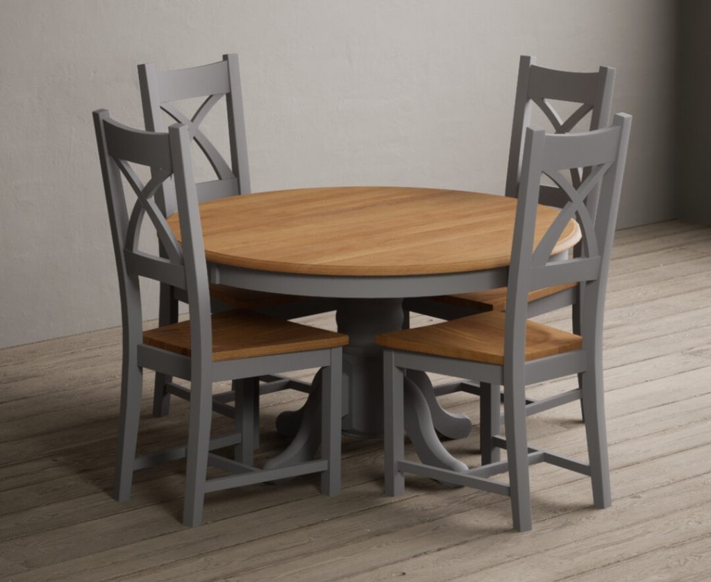 Hertford 120cm Fixed Top Oak and Light Grey Painted Dining Table with 4 Charcoal Grey Natural Solid Oak Chairs