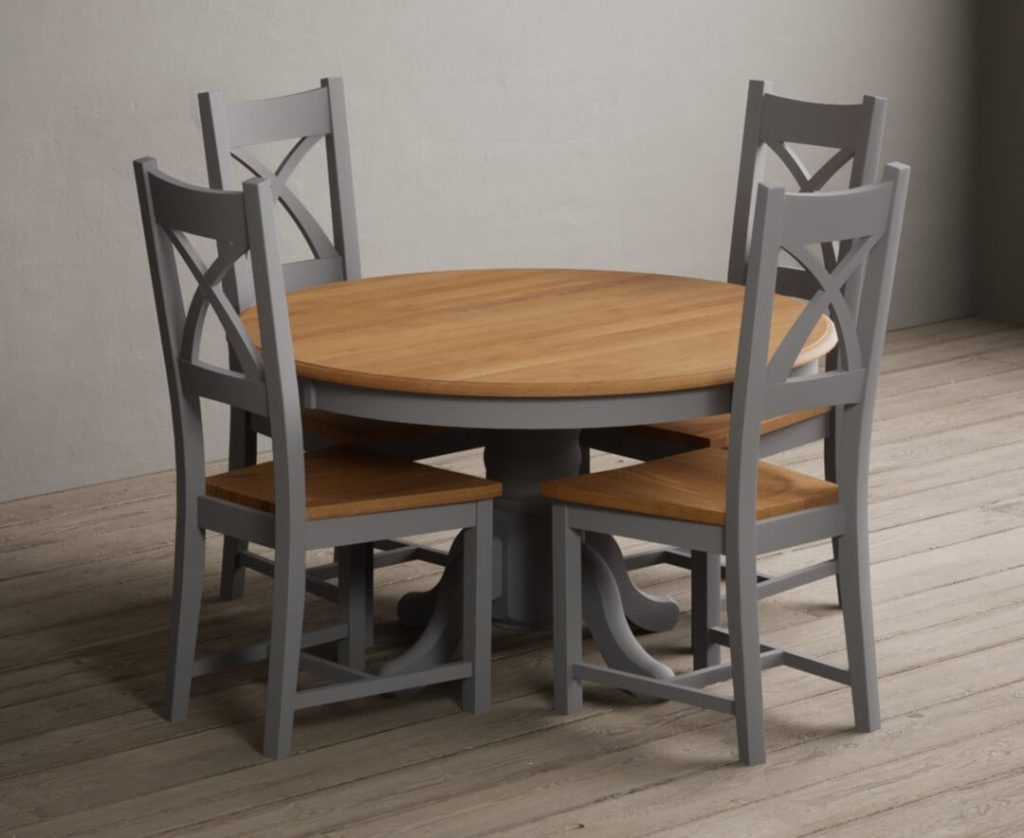Hertford 120cm Fixed Top Oak and Light Grey Painted Dining Table with 4 Blue Natural Solid Oak Chairs