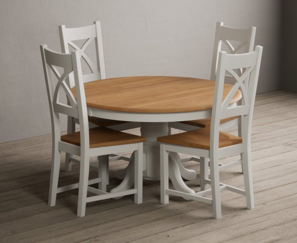 Extending Hertford 100cm - 130cm Oak and Signal White Painted Pedestal Dining Table with 4 Brown Natural Solid Oak Chairs