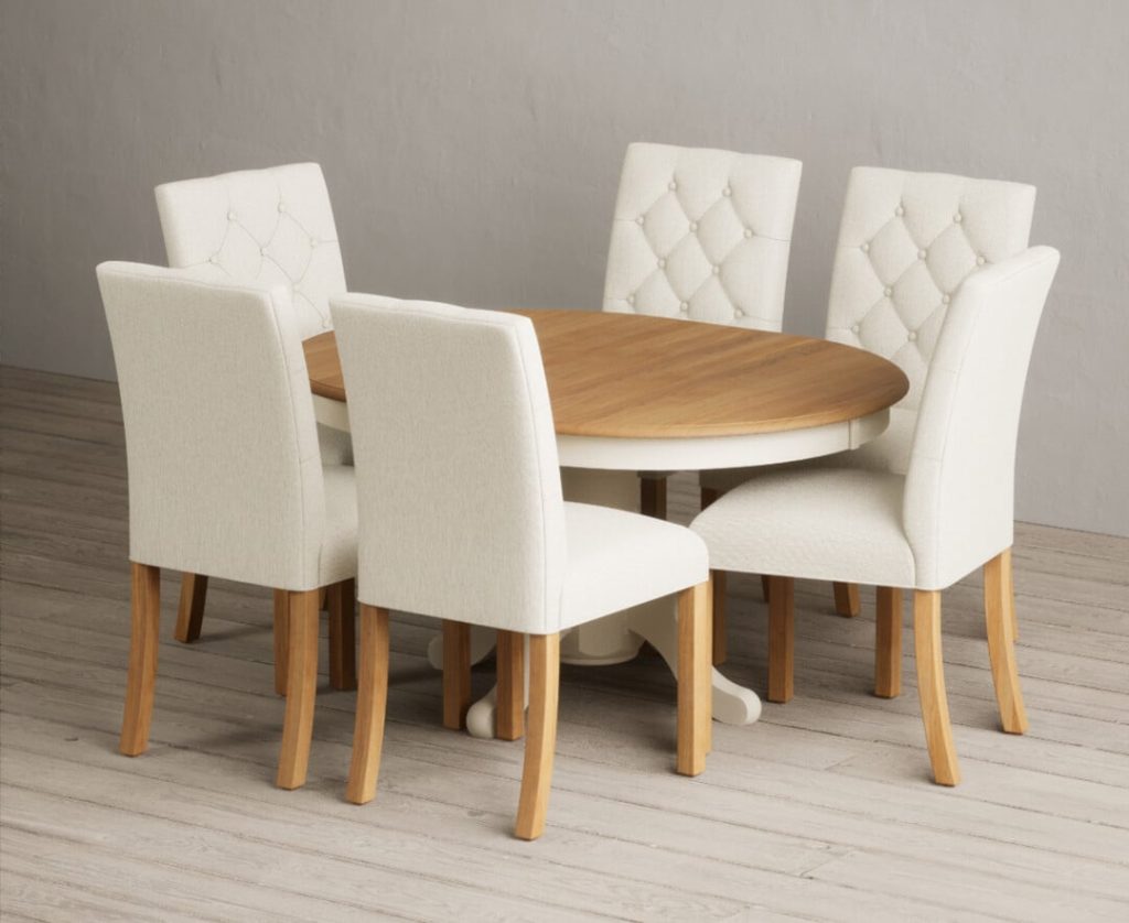 Extending Hertford 100cm - 130cm Oak and Cream Painted Pedestal Dining Table with 4 Natural Isabella Chairs