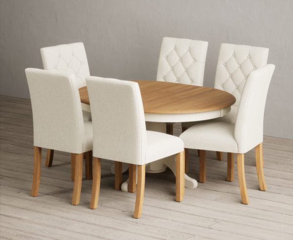 Extending Hertford 100cm  130cm Oak and Cream Painted Pedestal Dining Table with 4 Natural Isabella Chairs | Bed Sava