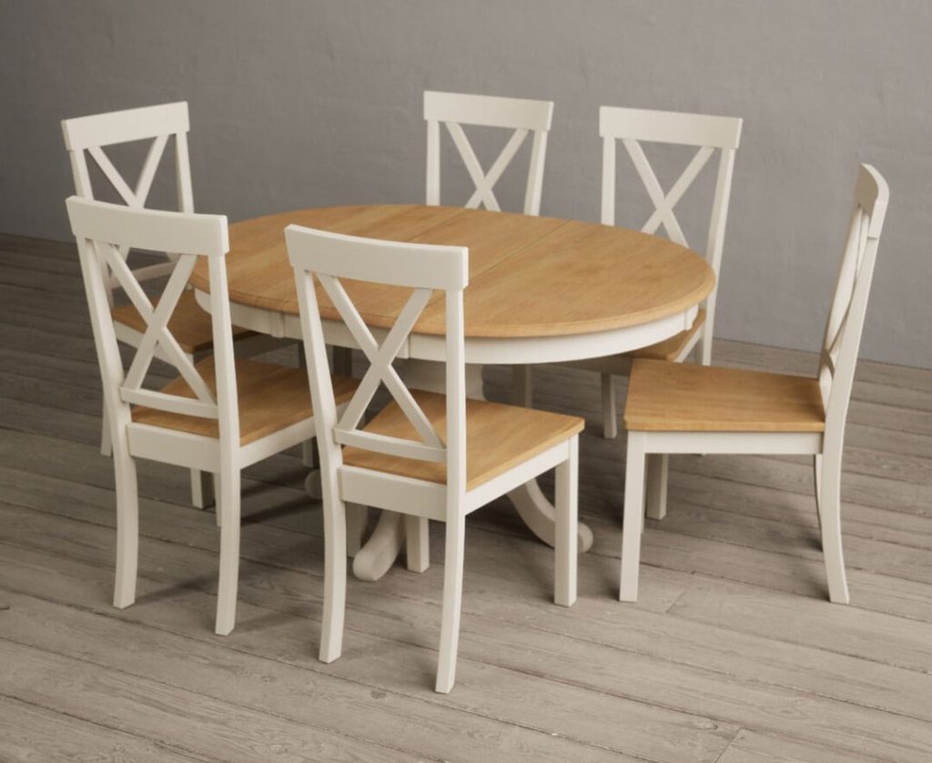 Extending Hertford 100cm - 130cm Oak and Cream Painted Pedestal Dining Table with 4 Light Grey Hertford Chairs
