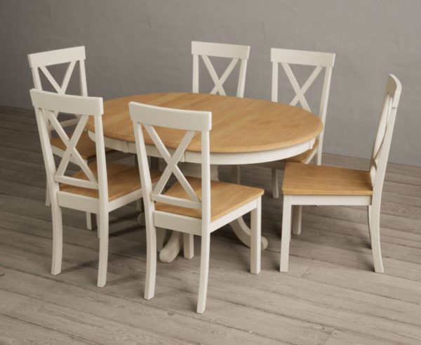 Extending Hertford 100cm  130cm Oak and Cream Painted Pedestal Dining Table with 4 Brown Hertford Chairs | Bed Sava
