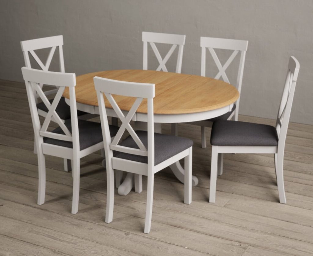 Extending Hertford 100cm - 130cm Oak and Soft White Painted Pedestal Dining Table with 6 Brown Hertford Chairs