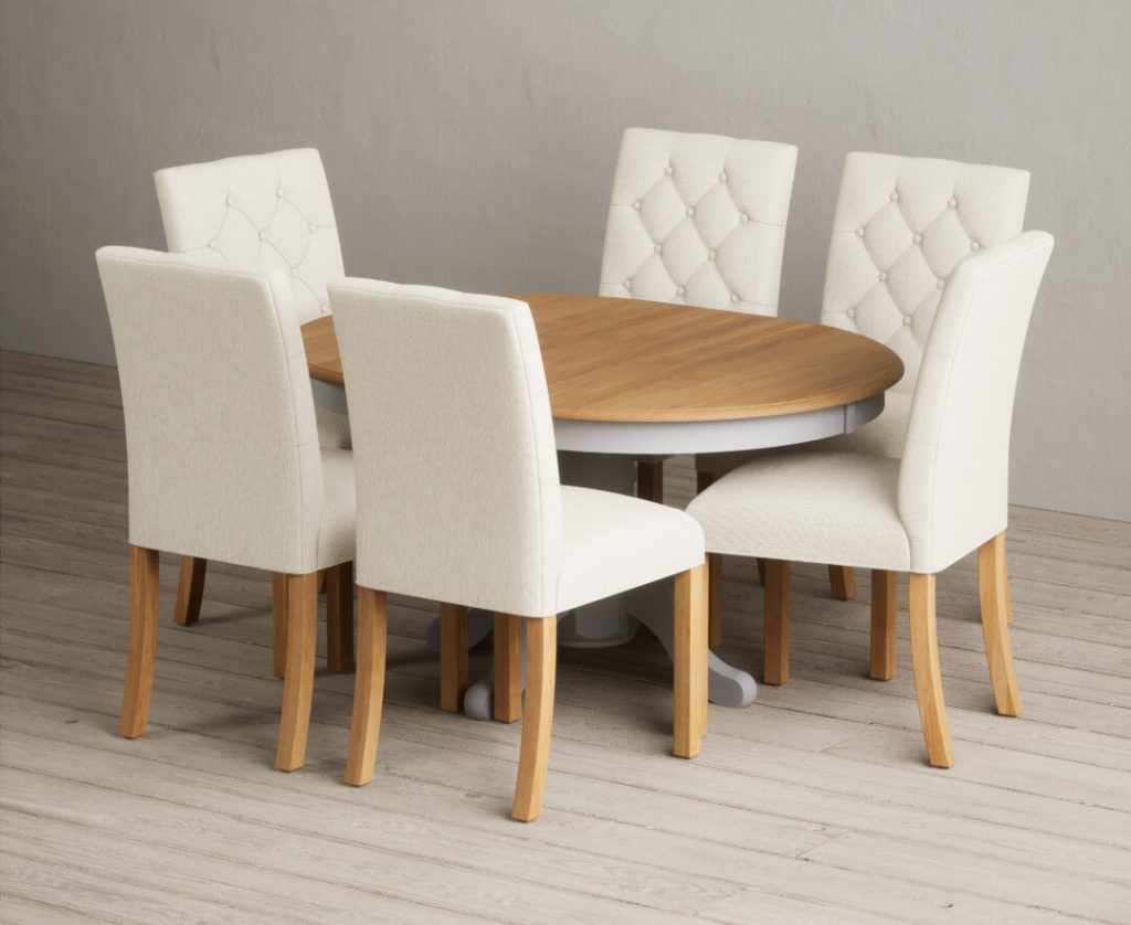 Extending Hertford 100cm - 130cm Oak and Light Grey Painted Pedestal Dining Table with 4 Grey Isabella Chairs