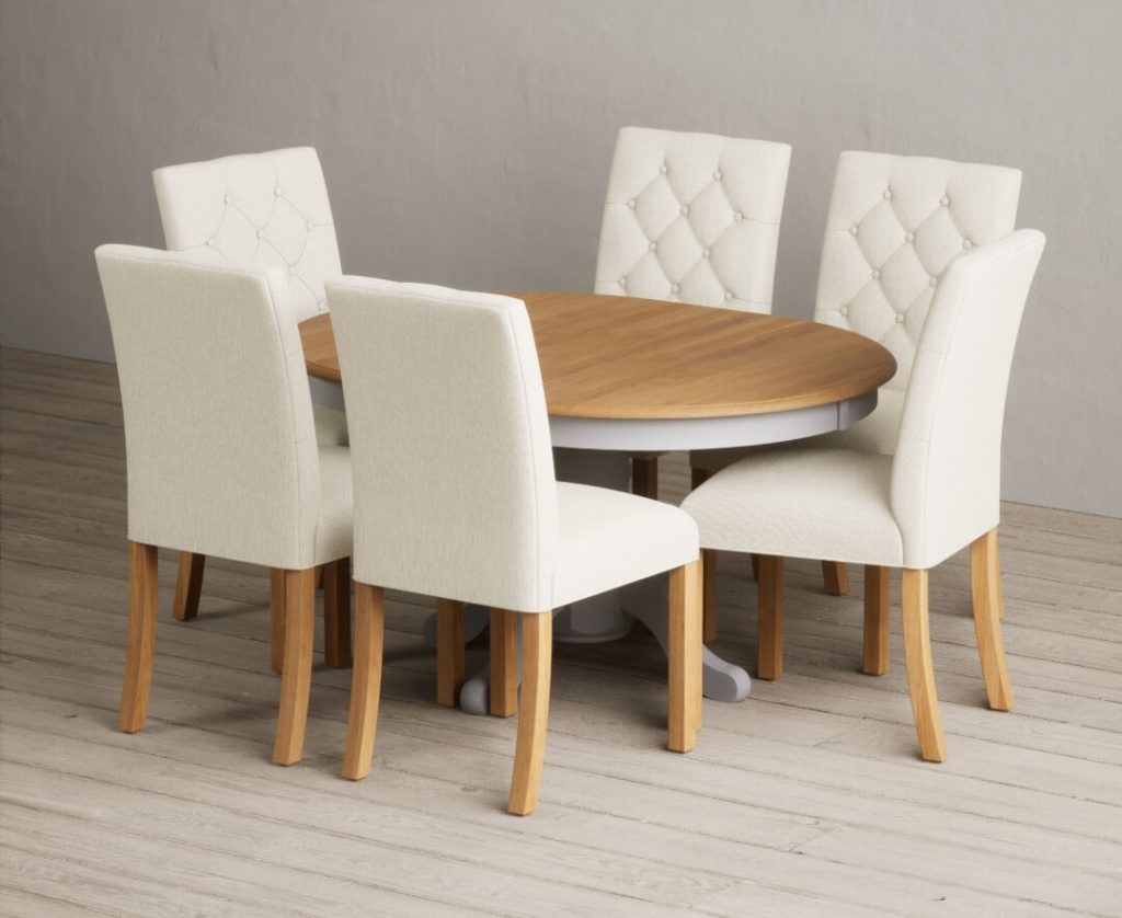 Extending Hertford 100cm - 130cm Oak and Light Grey Painted Pedestal Dining Table with 4 Natural Isabella Chairs