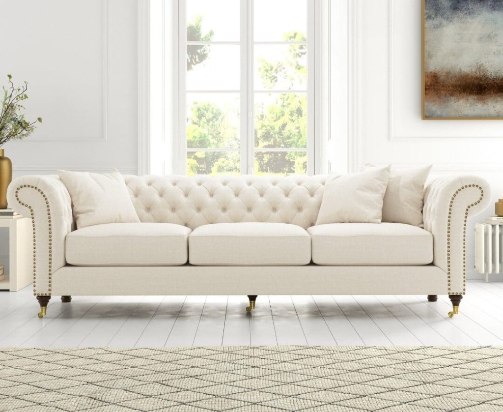 Kensington Chesterfield Ivory Linen 3 Seater Sofa
