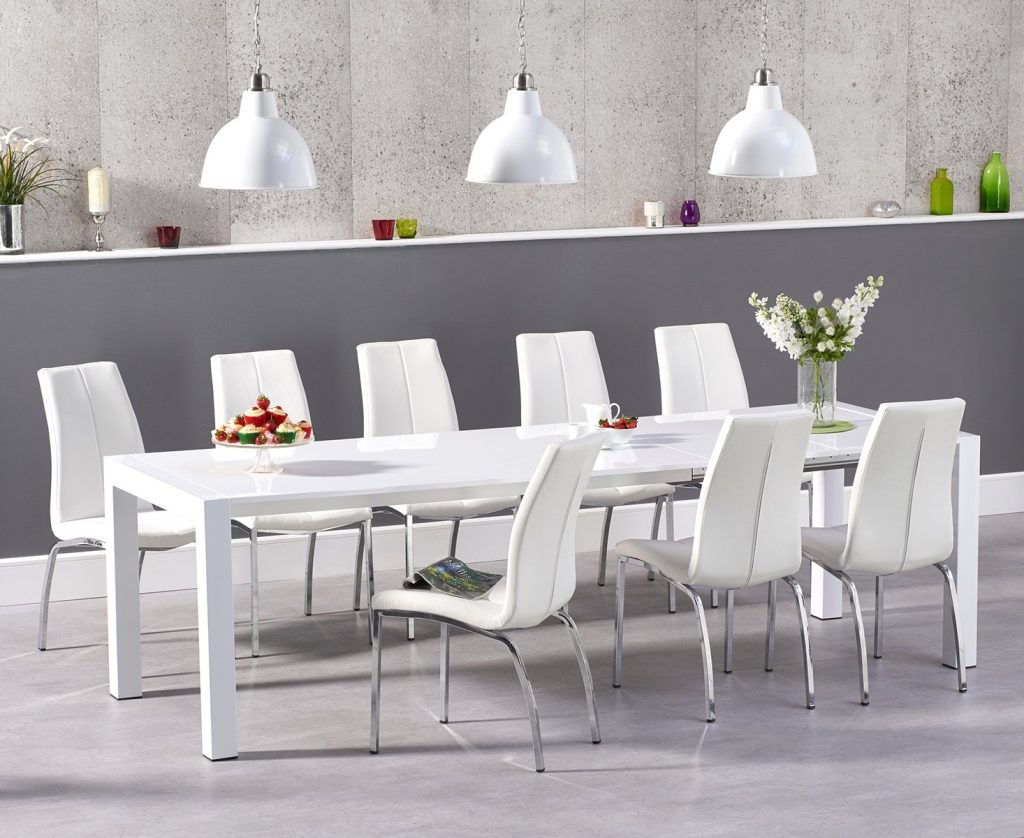 Extending Cleveland White High Gloss Dining Table with 8 White Marco Chairs