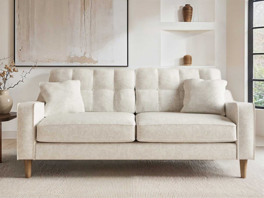 Solace+Co Jude 3 Seater Mid Century Fabric Sofa Beige