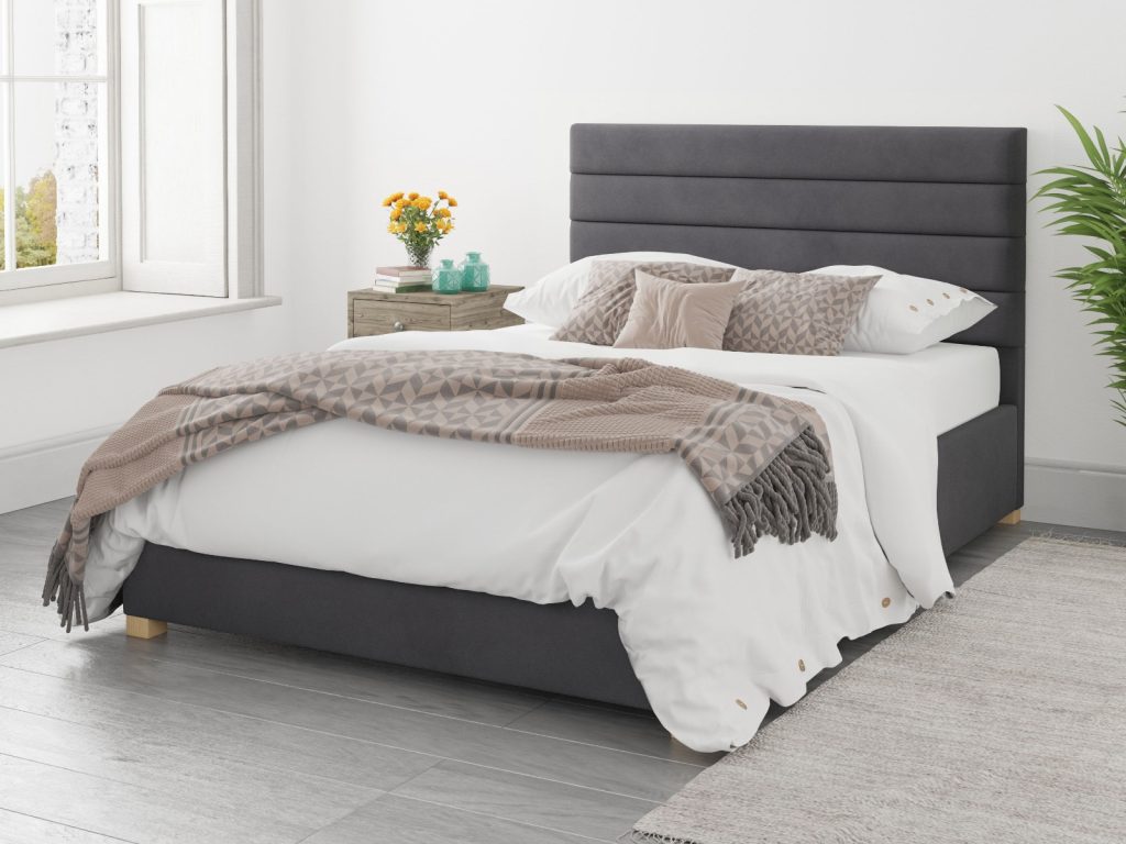Aspire Kelly Ottoman Bed Plush Velvet Steel - SuperKing