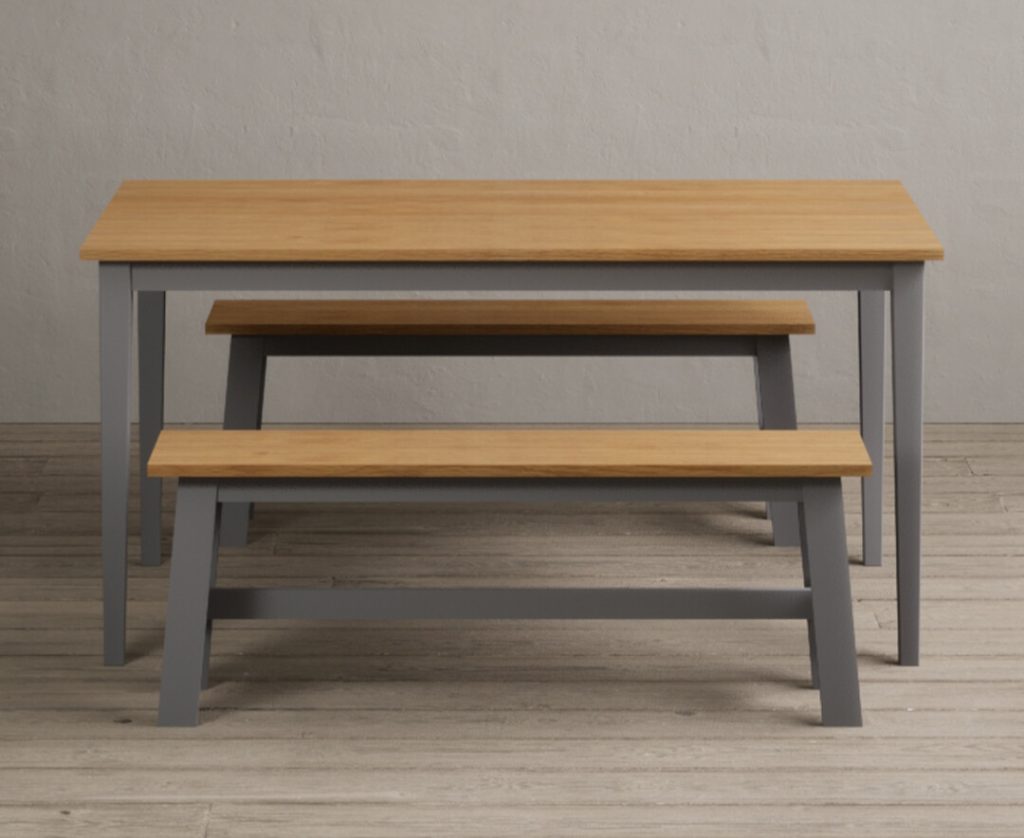 Kendal 150cm Solid Oak and Light Grey Painted Dining Table with 2 Grey Benches