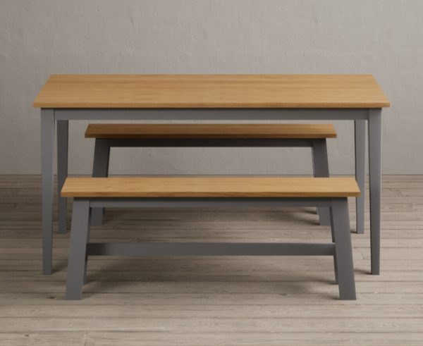 Kendal 150cm Solid Oak and Light Grey Painted Dining Table with 2 Grey Benches | Bed Sava