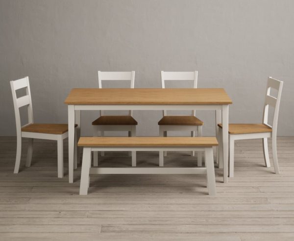 Kendal 150cm Solid Oak and Cream Painted Dining Table with 2 Charcoal Grey Kendal Chairs with 2 Cream Benches | Bed Sava