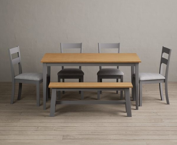Kendal 150cm Solid Oak and Light Grey Painted Dining Table with 4 Brown Kendal Chairs with 2 Grey Benches | Bed Sava