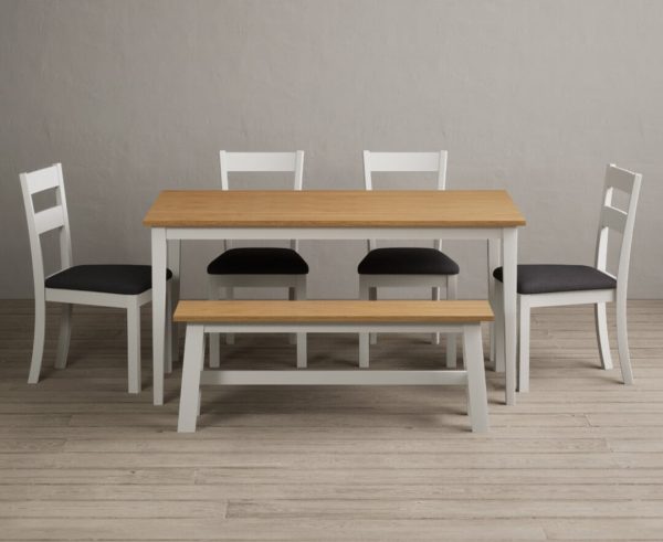 Kendal 150cm Solid Oak and Signal White Painted Dining Table with 4 Light Grey Kendal Chairs with 2 White Benches | Bed Sava