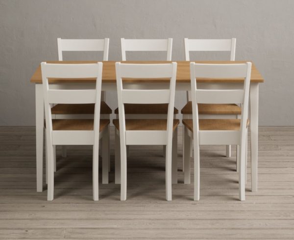 Kendal 150cm Solid Oak and Cream Painted Dining Table with 4 Blue Kendal Chairs | Bed Sava