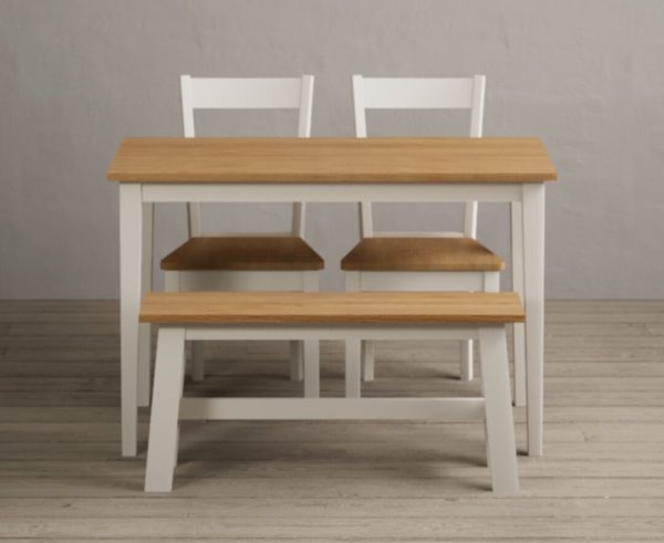 Kendal 115cm Solid Oak and Cream Painted Dining Table with 2 Brown Kendal Chairs with 2 Cream Benches | Bed Sava