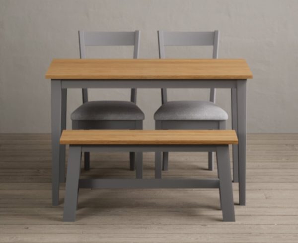 Kendal 115cm Solid Oak and Light Grey Painted Dining Table with 2 Oak Kendal Chairs with 1 Grey Bench | Bed Sava