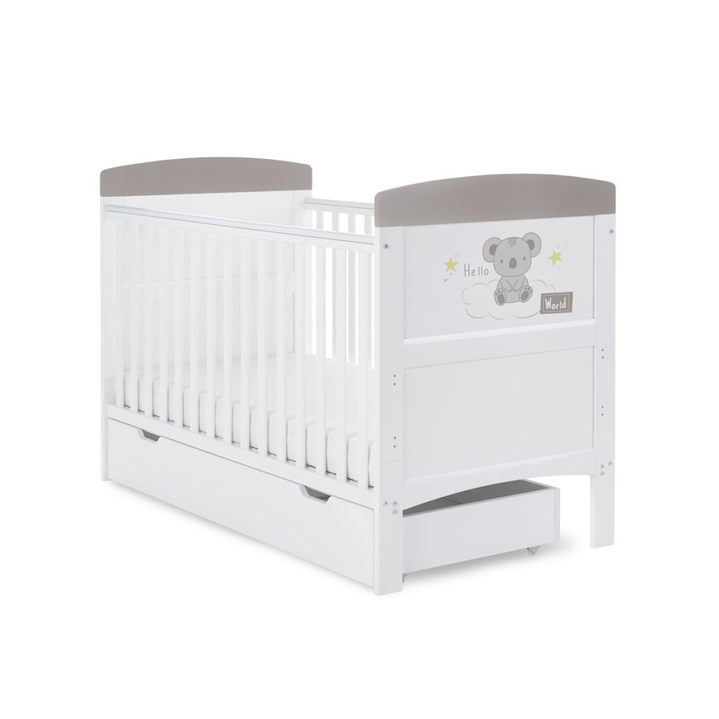 Obaby Grace Inspire Cot Bed & Under Drawer - Hello World Koala Grey