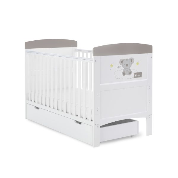 Obaby Grace Inspire Cot Bed  Under Drawer  Hello World Koala Grey | Bed Sava