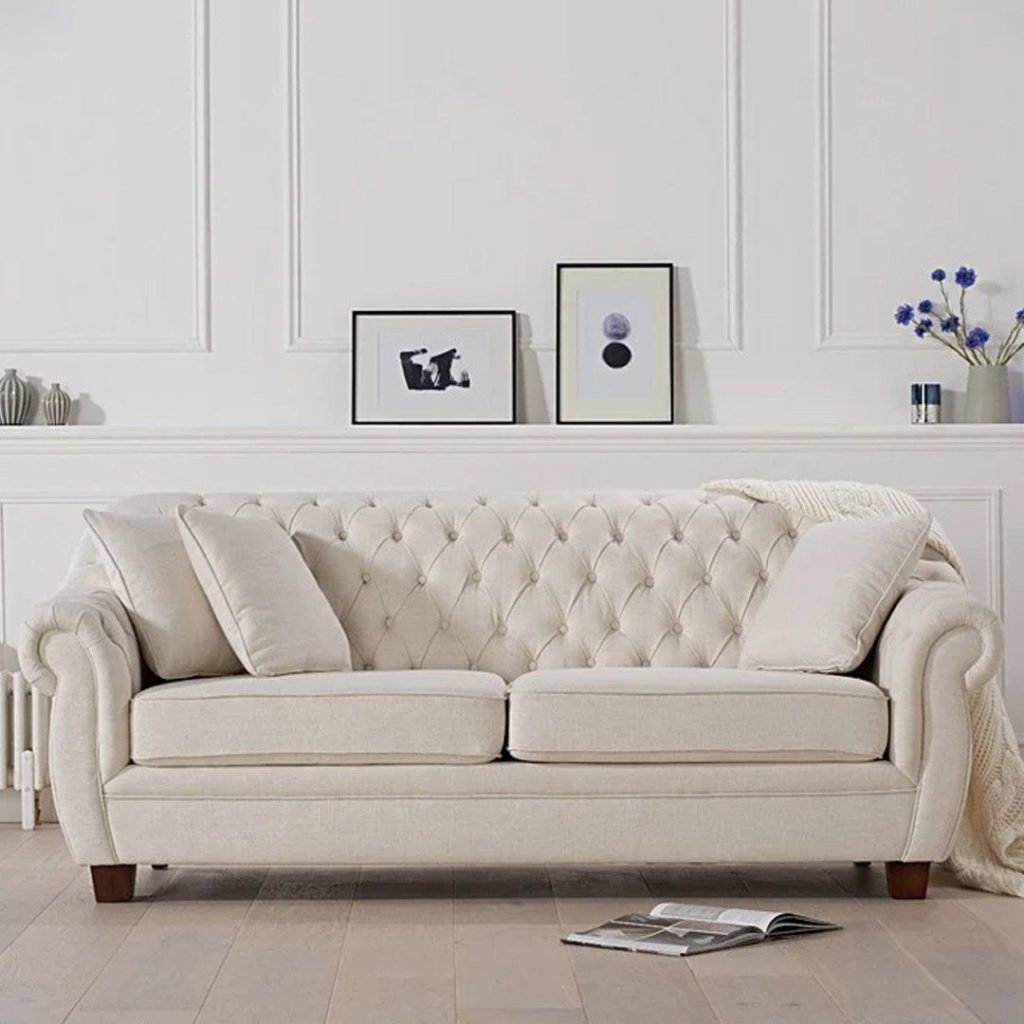 Eva Chesterfield Ivory Linen Fabric Three-Seater Sofa