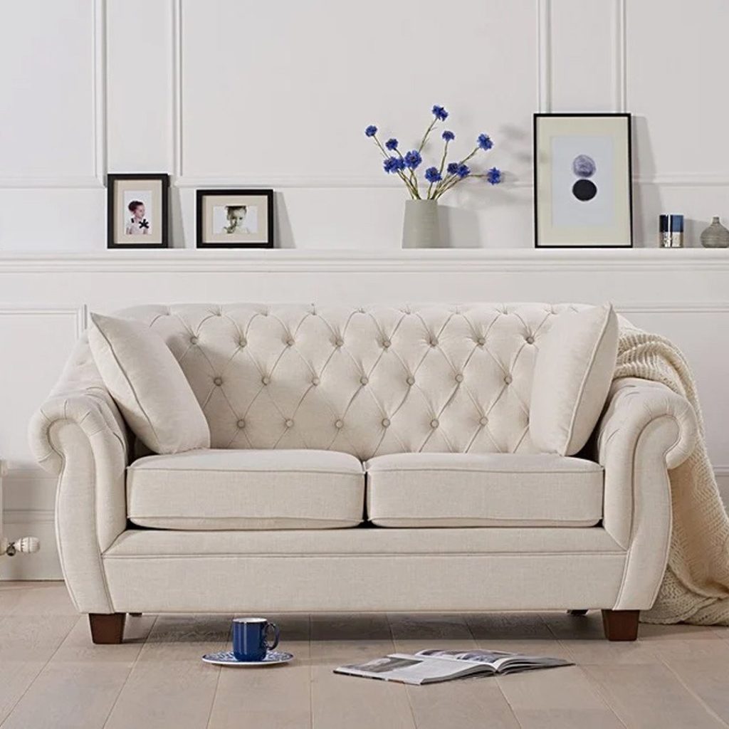 Eva Chesterfield Ivory Linen Fabric Two-Seater Sofa