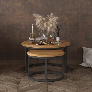 Loft Solid Oak Round Nest of Tables | Bed Sava
