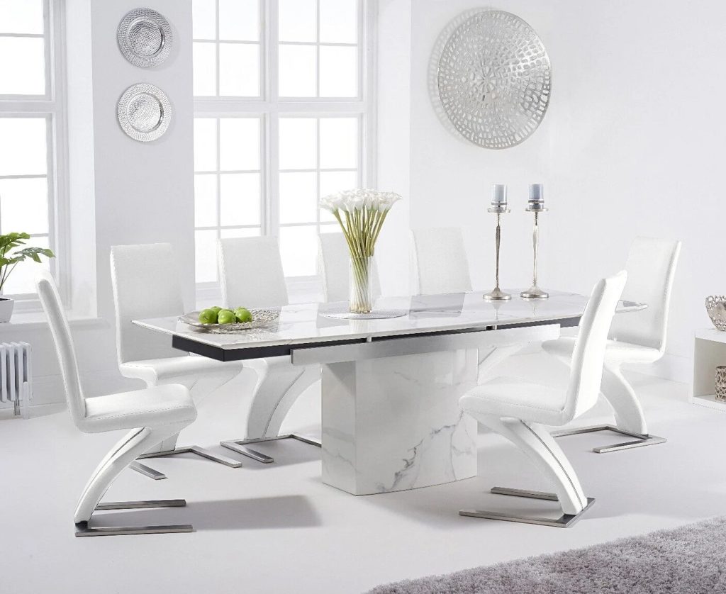 Extending Savona 160cm White Ceramic Dining Table with 8 White Aldo Chairs