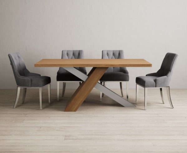 Michigan 180cm Solid Oak and Metal Industrial Dining Table with 6 Grey Sienna Chairs | Bed Sava