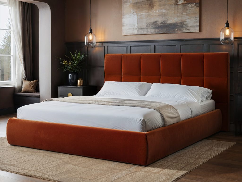 Solace+Co Mika Ottoman Bed Burnt Orange Velvet Kingsize