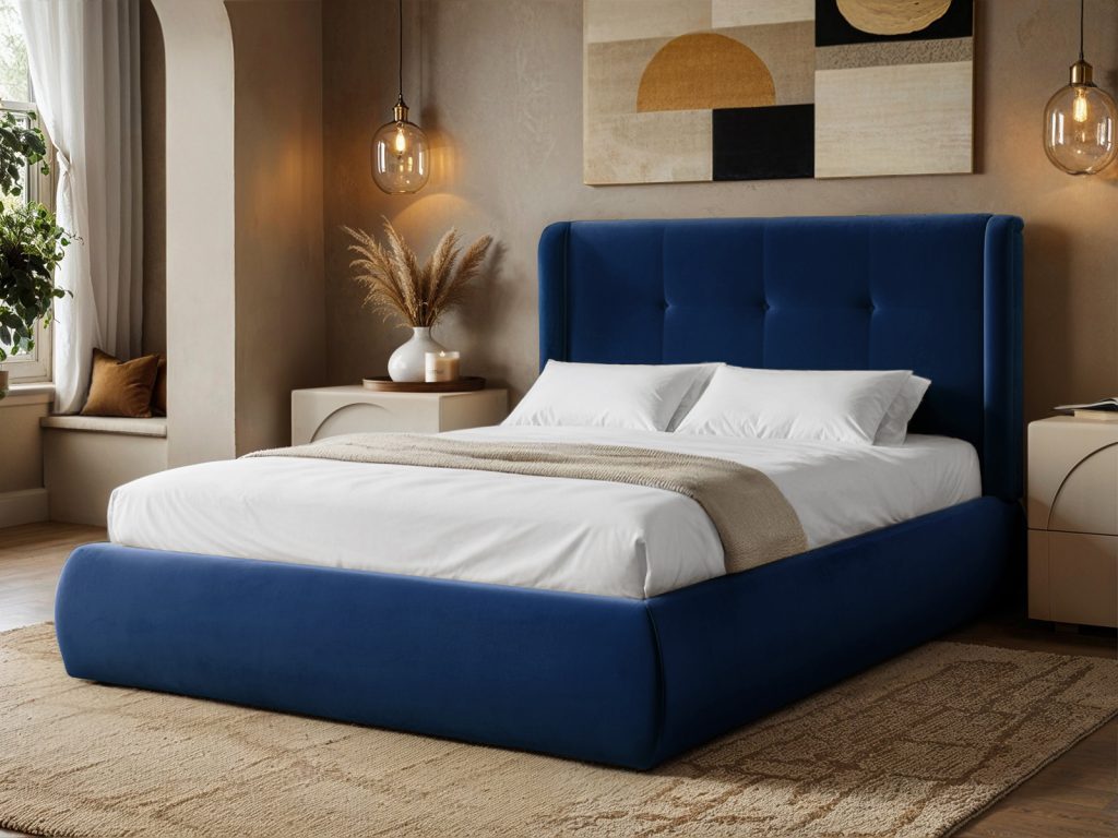 Solace+Co Monte Midnight Velvet Winged Button Headboard Ottoman Bed-Double