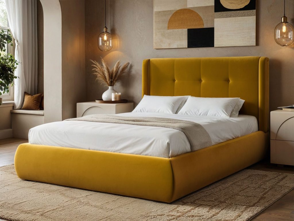 Solace+Co Monte Gold Velvet Winged Button Headboard Ottoman Bed-Double