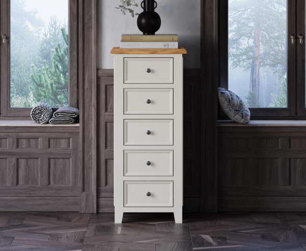 Weymouth Oak and Soft White Painted 5 Drawer Tallboy | Bed Sava