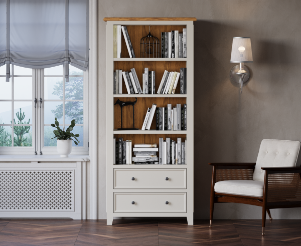 Weymouth Oak and Soft White Painted Tall Bookcase | Bed Sava