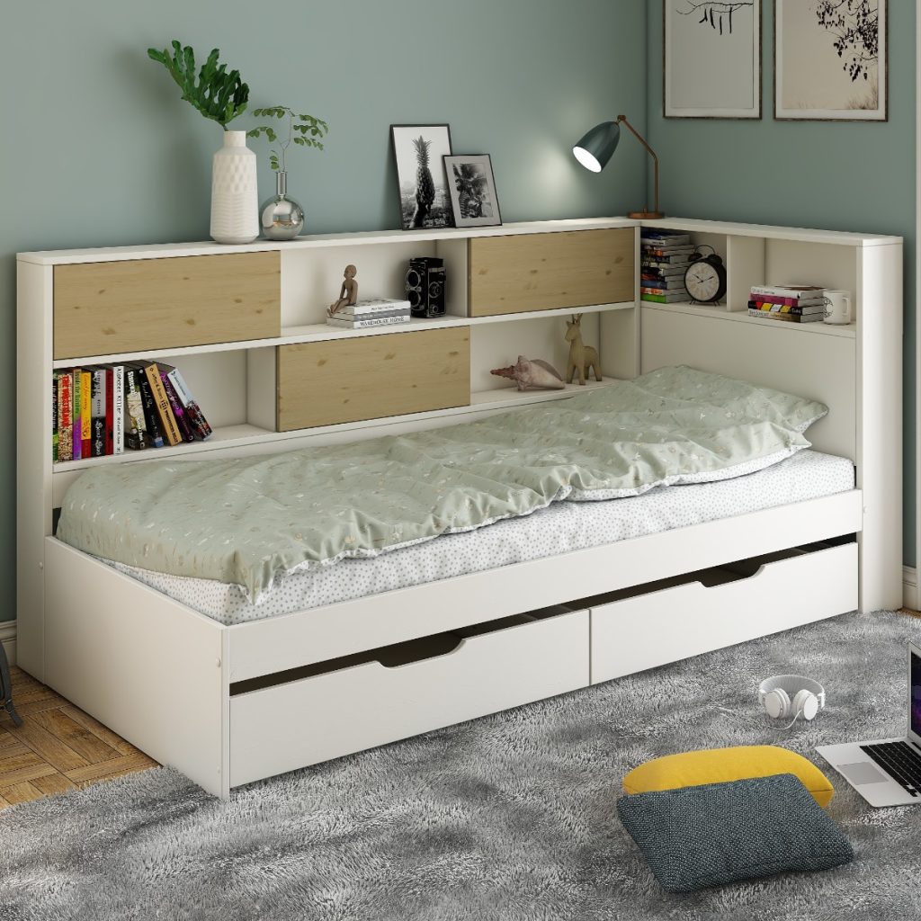 Noomi Jorgi Corner Storage Bed White & Oak (FSC-Certified)