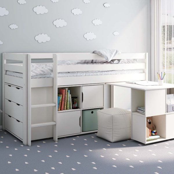 Noomi Nora Solid Wood Mid Sleeper Full Set White FSC Certified | Bed Sava