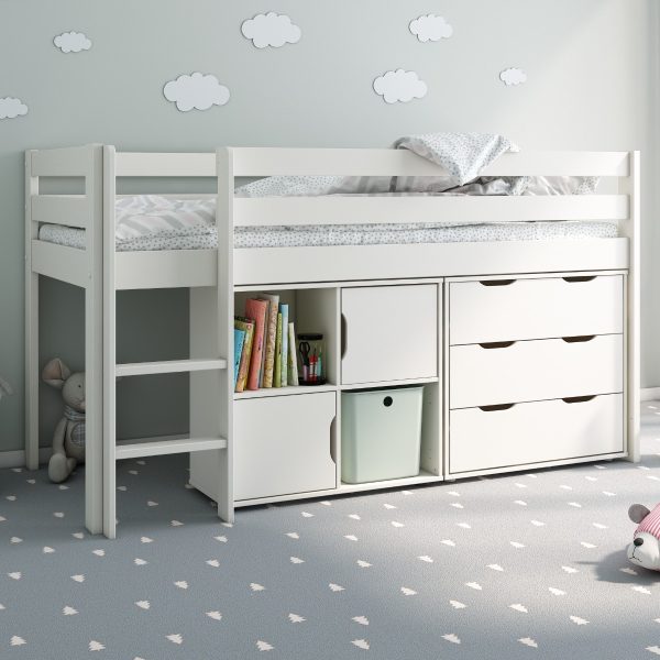 Noomi Nora Solid Wood Mid Sleeper Storage Cabin White FSC Certified | Bed Sava