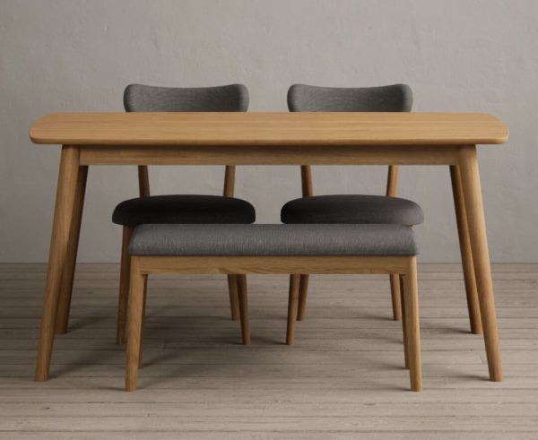 Nordic 150cm Solid Oak Dining Table with 2 Grey Nordic Chairs with 2 Grey Benches | Bed Sava