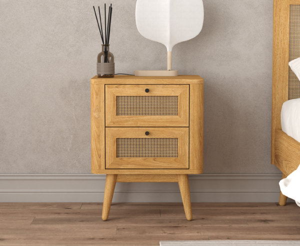Oak Rattan 2 Drawer Bedside Chest | Bed Sava